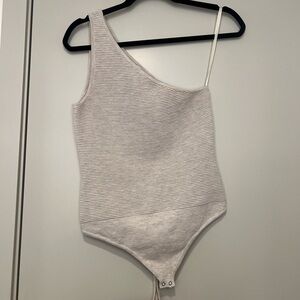 Tan one shoulder, bodysuit, Abercrombie, and Fitch